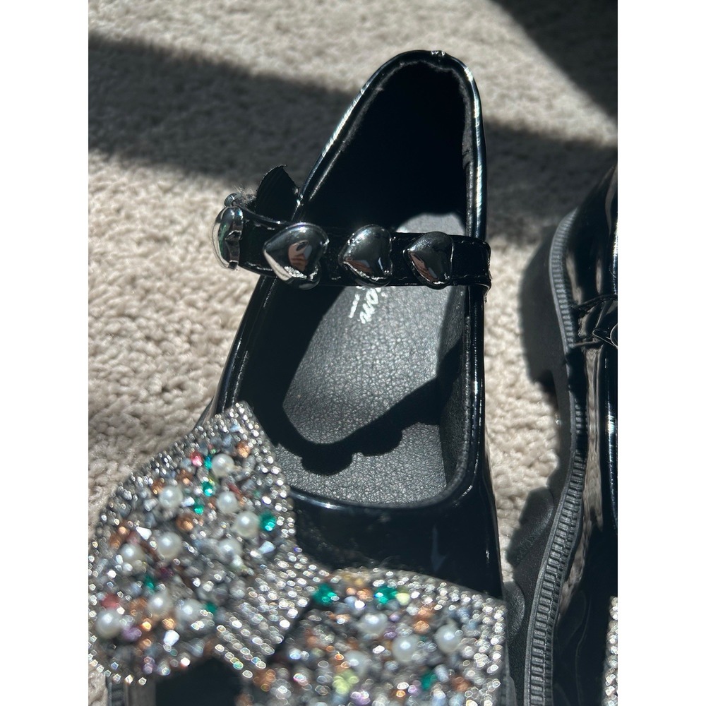 Girls Black Patent Mary Jane Shoes Bow Rhinestone Dress Shoes Size 13 Kids - Picture 3 of 7